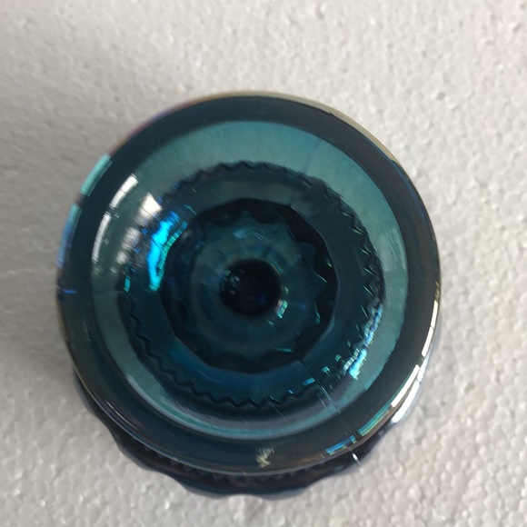 Blue Iridescent Kings Crown Thumbprint Carnival Glass Compote Candy Dish - Picture 5 of 6